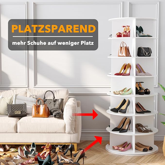 SpaceAid 7 Tier Rotating Shoe Rack Tower, Spinning Shoe Display Lazy Susan, Revolving 360 Shoe Rack Storage Round Carousel, Vertical Handbag Rotate Shoes Closet Organization (7-Tier White)
