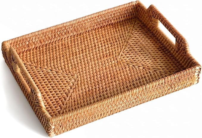 Rattan Serving Tray with Handles, Natural Woven Wicker Tray for Breakfast | Rattan Serving Rectangle Wicker Trays for Decor Coffee Table, 14.5" × 10"