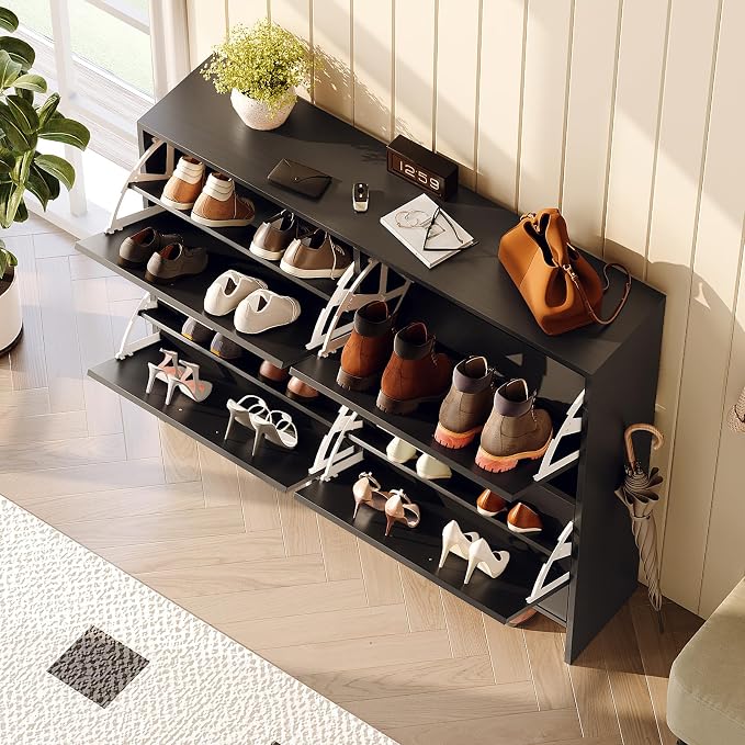 VINGLI Black Shoe Cabinet for Entryway, Ultra Slim Shoe Rack Storage with 4 Flip Drawers, Modern Narrow Shoe Organizer for Hallway, Hidden Sneaker Cupboard, 42 Inch Wide