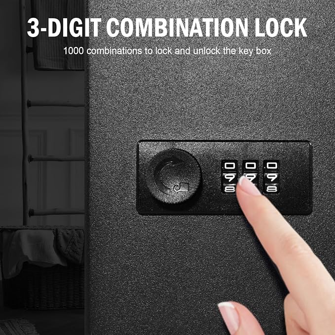 Key Box Wall Mount, 60 Steel Locking Key Cabinet Wall Mount, Combination Lock Box with Code, Hooks and Label Stickers
