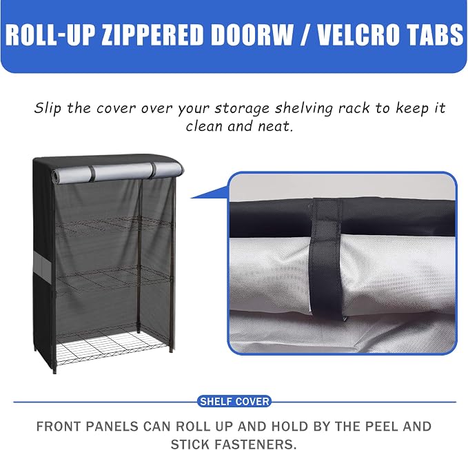Wire Shelf Cover Dustproof Heavy Duty 600D Storage Rack Cover 48x24x72 | Side pockets, dual front zippers, hook & loop secure fit, breathable vent design for organized storage spaces