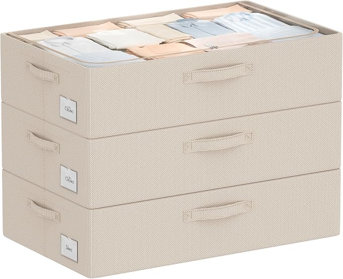 CYhom 3Pcs Under Bed Storage Bins with Metal Frame - Shoe Organizer for Closet with Clear Cover Oxford Fabric Sturdy Underbed Container Foldable Stackable Clothes Organizer (Beige, 23.5x15.7x6.3)