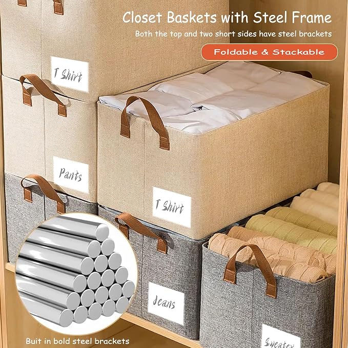 AARAINBOW 4 Pcs Closet Clothes Organizer with Handle, Closet Shelf Fabric Storage Box Steel Frame, Stackable Shelf Storage Baskets Foldable Wardrobe Storage Box for Clothes Pants, 23L (2 Gray 2 Beige)