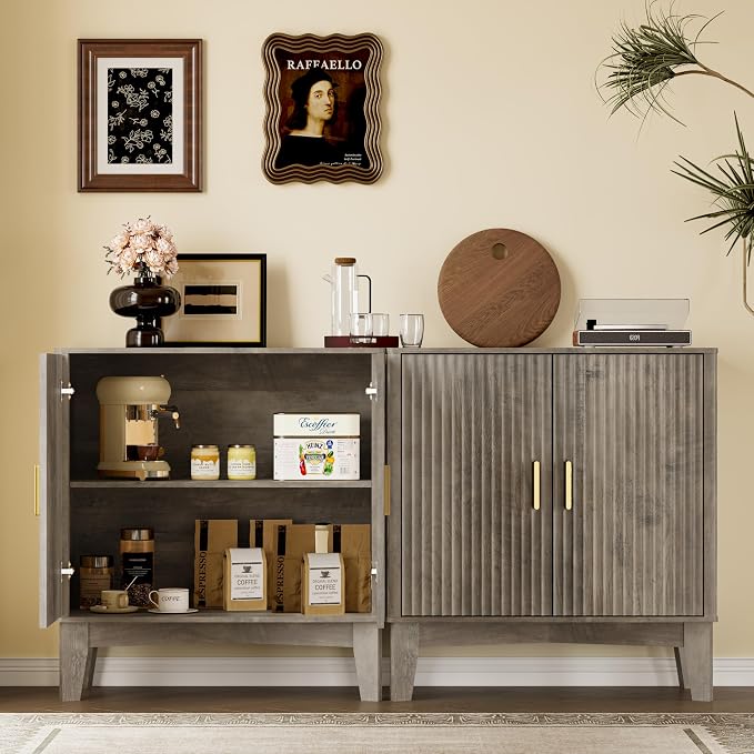 BORNOON Storage Cabinet with Doors and Adjustable Shelf, Modern Fluted Sideboard Buffet Cabinet, Freestanding Coffee Bar for Kitchen, Pantry, Entryway, Living Room (Weathered Gray)
