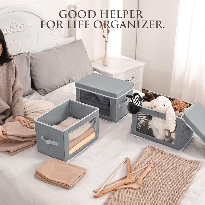 Homsorout Clothes Organizers and Storage - 6 Pack Large Storage Box with Lids, Foldable Closet Organizer with Lids, Decorative Basket Bins for Home, Dorm, Closet, Grey