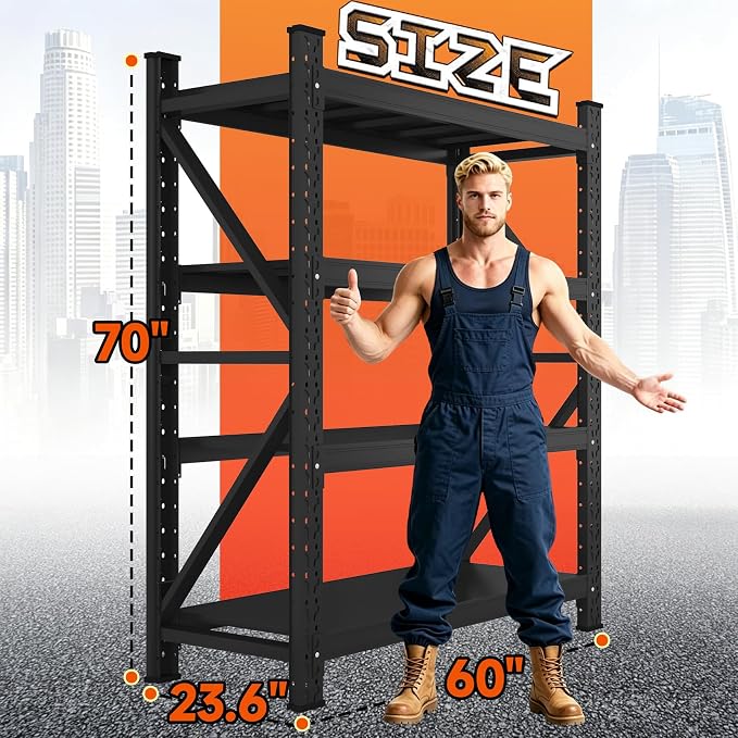 Garage Shelving Heavy Duty, Metal Garage Shelves, 7000LBS Storage Shelves | 60"W 4 Tier Adjustable Steel Shelving Units, Wide Industrial Shelving Storage Rack for Warehouse, Basement,Black