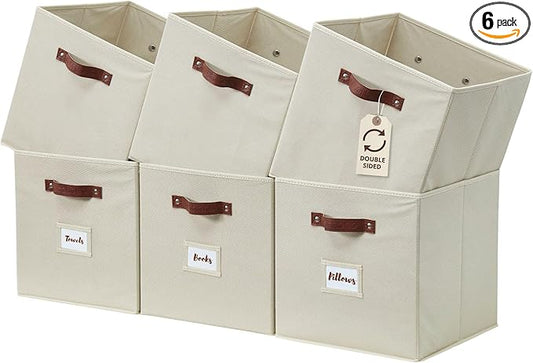 DECOMOMO Storage Bins, Cube Storage Bin with Labels | 13" x 13" x 13" Fabric Storage Cubes for Shelves (6pcs, Beige)