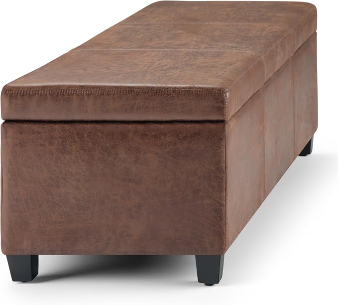 SIMPLIHOME Avalon Storage Ottoman Bench - 48" Wide x 16" High Upholstered Vegan Leather Rectangular Lift-Top Ottoman in Distressed Umber Brown, Contemporary Storage Bench with High-Density Foam