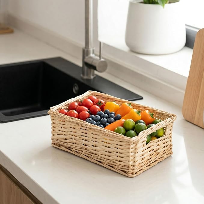 Rectangular Handwoven Willow Basket, Decorative Woven Wicker Storage Bin with Built-in Handles for Bathroom Vanity, Kitchen Counter & Shelf Organization