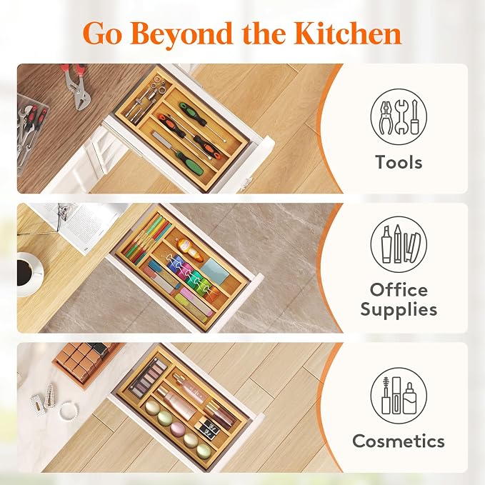 Lifewit Silverware Drawer Organizer, Wooden Utensil Tray for Kitchen | Flatware and Cutlery Holder, Adjustable Storage for Spoons Forks Knives, 6.9 x 12.8", Natural