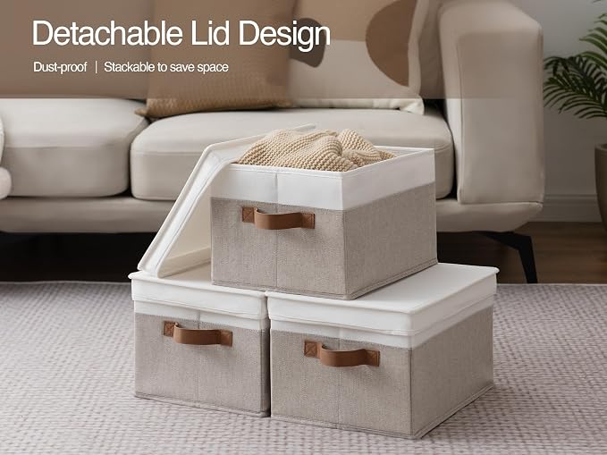 StorageWorks Fabric Storage Bins with Lids, Decorative Storage Bins with PU Handles, Foldable Storage Baskets for Closet, Shelves, Stackable and Sturdy Organization, Brown and White, Large, 3-Pack