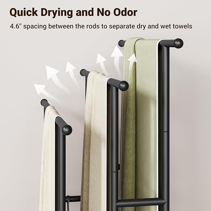 ELYKEN 3 Tier Freestanding Towel Rack with Shelf, 40" H Towel Stand, Black | Metal Drying Rack for Oversized Bath Towels & Blankets, 4 Hooks, Indoor & Outdoor Use, Fits Bathroom, Tub, Shower, Poolside
