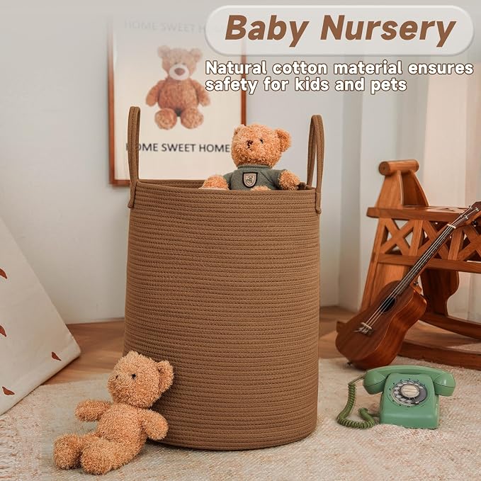 JMvicyroam 100L Cotton Rope Laundry Basket Hamper, Golden Jute | Collapsible laundry basket, reinforced handles, freestanding, machine washable, holds 3-5 thick blankets, clothes or toys