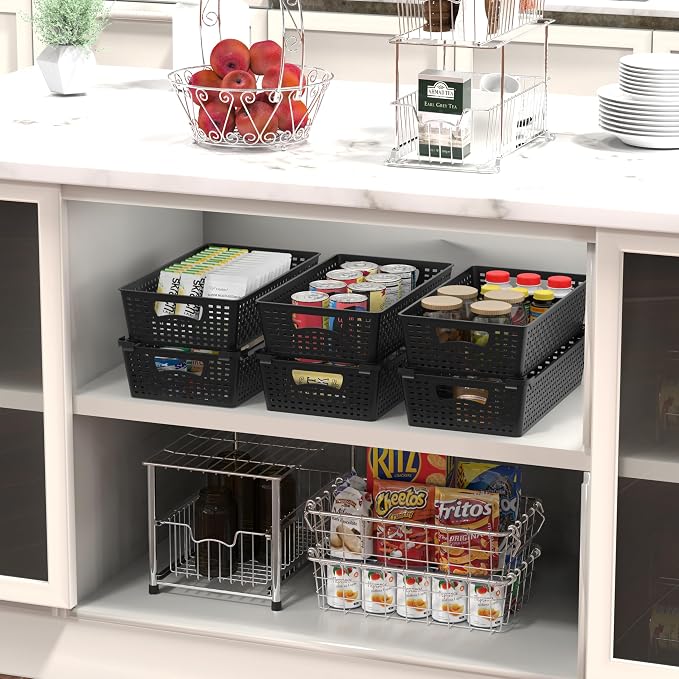 Simple Houseware Stackable Plastic Woven Basket Organizer, 6 Pack, Black | 14.5" D x 8.5" W x 3.5" H