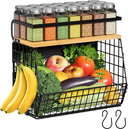 Magnetic Shelf for Fridge with Wood Lid, Fruit Potato and Onion Storage Bins, Pantry Organizers & Storage, Large Container Magnetic Spice Rack for Refrigerator, Kitchen Counter, Cabinet
