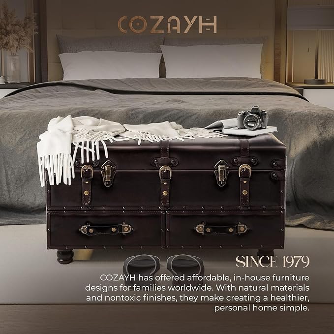 COZAYH Vintage Storage Bench, Upholstered Wooden Ottoman Chest Box, Brown