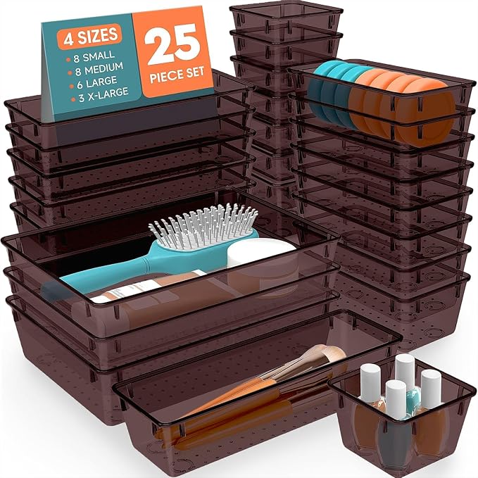 SpaceHacks 25 PCS Plastic Drawer Organizer Set, 4-Size Versatile Organizer Trays & storage Bins for Makeup, Jewelry, and Gadgets in Bathroom, Bedroom and Office,Brown