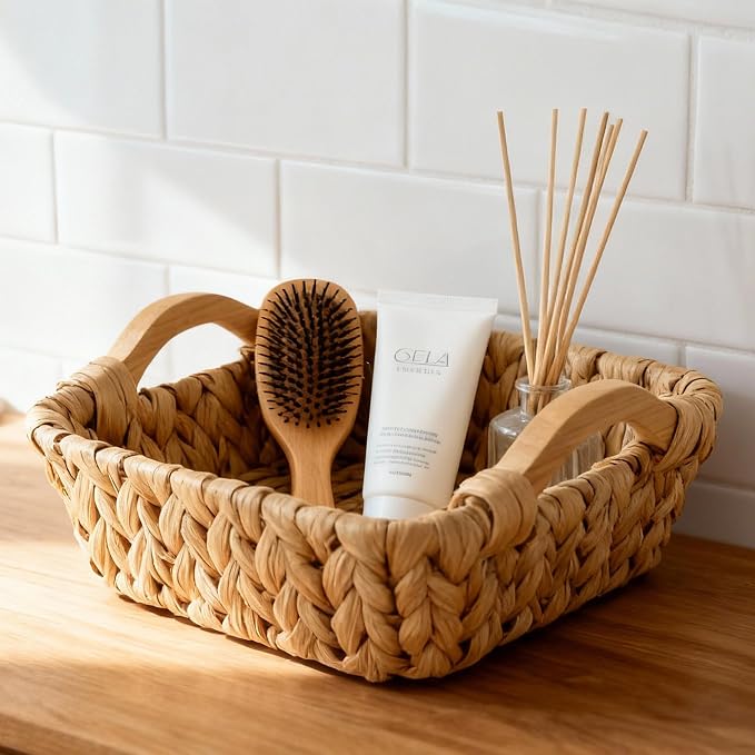 Square Small Water Hyacinth Wicker Basket for Organizing | Decor Woven Storage with Wooden Handles, Perfect for Shelves, Snack, Countertops or as Gift Basket