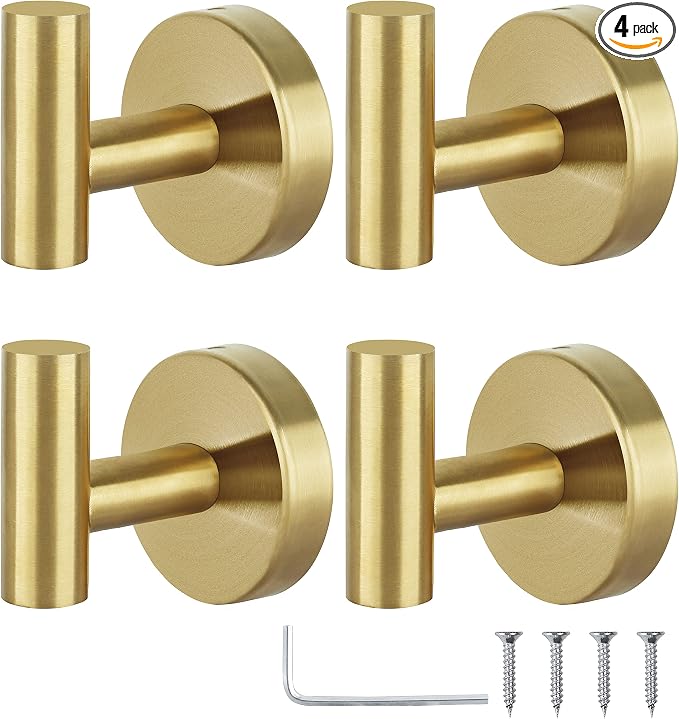 Towel Hooks Bathroom Coat Robe Hook Stainless Steel Heavy Duty Door Hanger Towel Robe Clothes Cabinet Wall for Bathroom Bedroom Kitchen Hotel Pool 4 Packs (Gold)