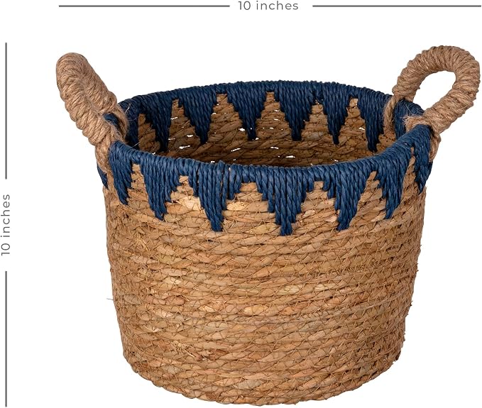 Stratton Home Decor Woven Straw Decorative Storage Basket | Rustic Wicker Basket for Storing Essentials | Natural Colored Blanket Basket with Blue Details | 10.0”x10.0”x10.0”