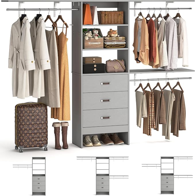 iSunirm 8FT Closet System, 96'' Closet Organizer System with 3 Hanging Rods, Wall Mount Bedroom Wardrobe with 3 Drawers Walk-in Closet, Adjustable Cloth Garment Rack from 5 to 8FT (Cut to Fit), Grey