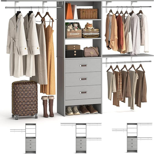 iSunirm 8FT Closet System, 96'' Closet Organizer System with 3 Hanging Rods, Wall Mount Bedroom Wardrobe with 3 Drawers Walk-in Closet, Adjustable Cloth Garment Rack from 5 to 8FT (Cut to Fit), Grey