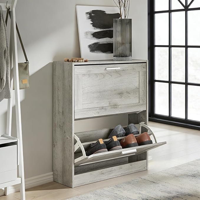 Haotian Enclosed Shoe Rack for Entryway | Shoe Cabinet with 2 Flip Drawers, Slim Shoe Storage Organizer for Hallway or Small Spaces, Grey, FSR137-HG