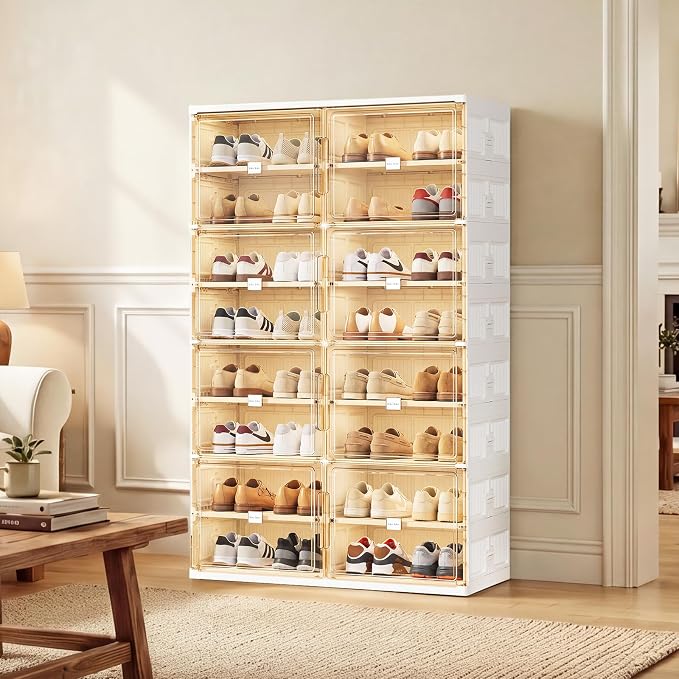 JEKO&JEKO 8 Tiers Foldable Shoe Rack Organizer Cabinet for Closet Entryway, Large Collapsible Shoe Storage Box with Magnetic Doors Fits Up to 32 Pairs (White)
