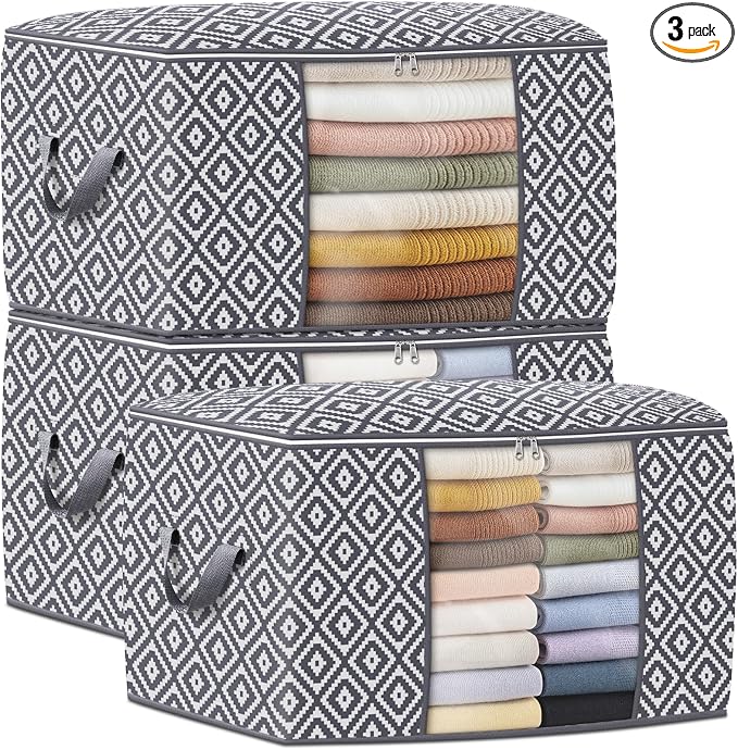 100L 3 Pack Storage Bags, Foldable Clothes Bins with Clear Window, Gray
