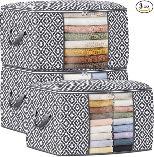 100L 3 Pack Storage Bags, Foldable Clothes Bins with Clear Window, Gray