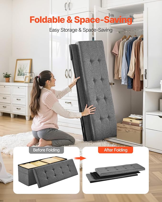 VEVOR Foldable Storage Ottoman Bench, End of Bed Bench with Side Bags, Folding Upholstered Storage Chest Supports 660 lbs, Linen Bed Ottoman with Large Space for Living Room, Bedroom, Entryway, Grey
