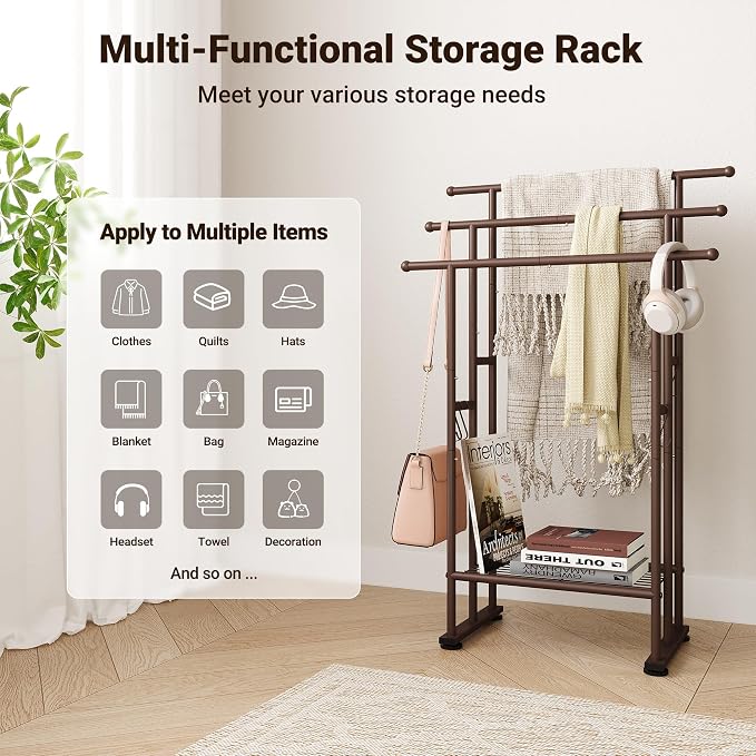 ELYKEN 3 Tier Freestanding Towel Rack with Shelf, 40" H Towel Stand, Bronze | Metal Drying Rack for Oversized Bath Towels & Blankets, 4 Hooks, Indoor & Outdoor Use, Fits Bathroom, Tub, Shower, Poolside