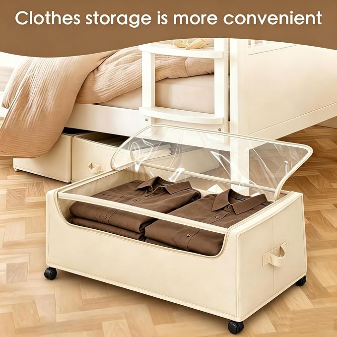 Under Bed Storage with Wheels, 2-Pack Under the Bed Storage Containers with Clear Lids & Label, Underbed Storage Bins, XXXL 85L 11 inches Rolling Metal Drawer for Clothes, Shoes, Toys, Books - Beige