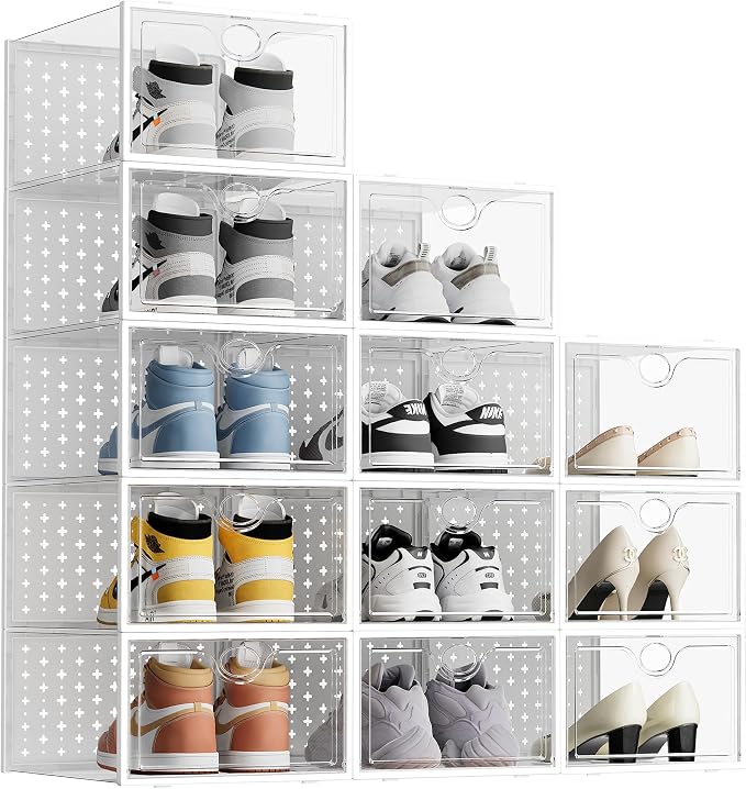 12 Pack X-Large Shoe Storage Boxes, Shoe Organizer Clear Stackable | Fit US Size 11, 6.2” Height, Shoe Dispaly Case Holder Bins Sneaker Storage for Sneakerheads, For Home and Family, White