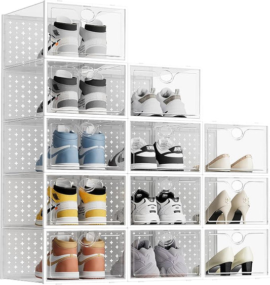 12 Pack X-Large Shoe Storage Boxes, Shoe Organizer Clear Stackable | Fit US Size 11, 6.2” Height, Shoe Dispaly Case Holder Bins Sneaker Storage for Sneakerheads, For Home and Family, White