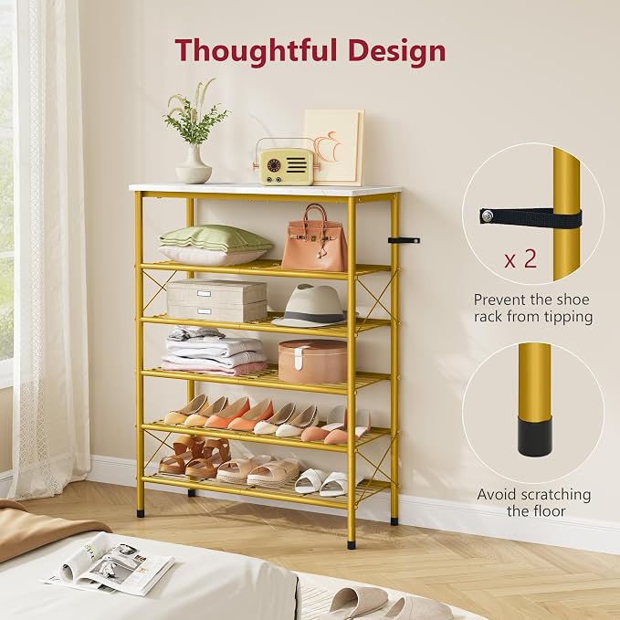 6 Tier Shoe Rack Organizer for 20-24 Pairs of Shoes, Metal Mesh Shoe Shelf for Closet, Industrial Shoe Rack for Entryway Shoe Storage with X Shape Fixed Frame, White & Gold | Sturdy & Durable, X Shape Fixed Frame, Metal Mesh Shoe Shelf, Industrial, For...