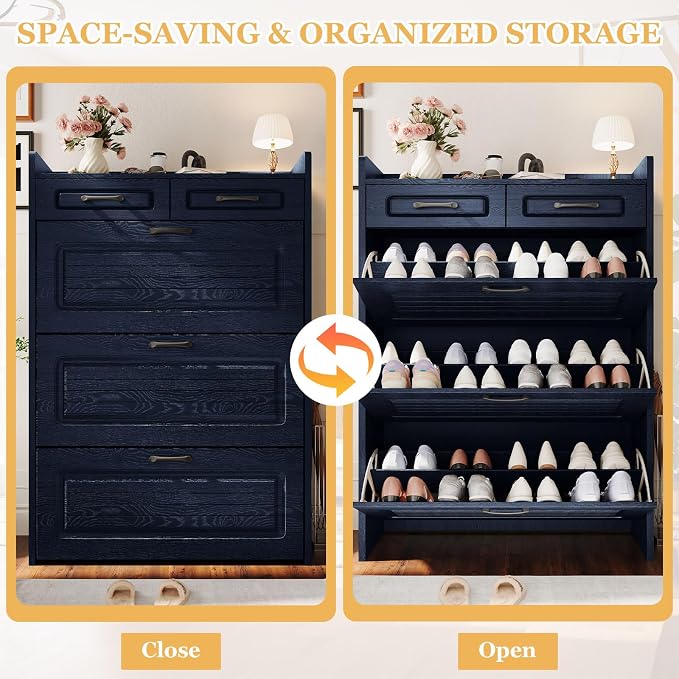 ODUWA Shoe Cabinet with 3 Flip Drawers and 2 Storage Drawers, Shoes Organizer Cabinets with Adjustable Divider, Hidden Shoe Storage Cabinet for Entryway, Hallway, Living Room, Blue