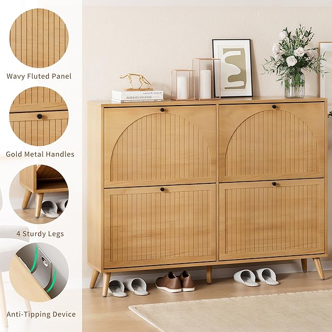 Fsbecl Shoe Storage Cabinet for Entryway with 4 Fluted Flip Drawers, Oak | Narrow Design, Freestanding Shoe Rack with Adjustment Shelves, Wooden Hidden Organizer for Hallway Foyer, 16-24 Pairs