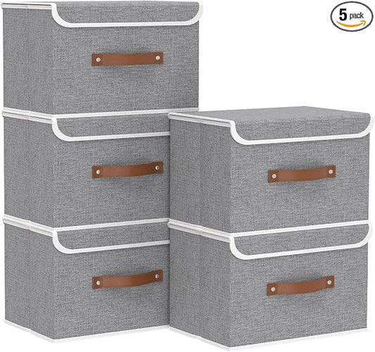 Yawinhe Fabric Storage Boxes with Lids,Grey,15.0x9.8x9.8in,5-Pack | Container with Leather Handle,Washable Storage Basket, Clothes Blanket Bin,Collapsible Closet Organizer for Bedroom