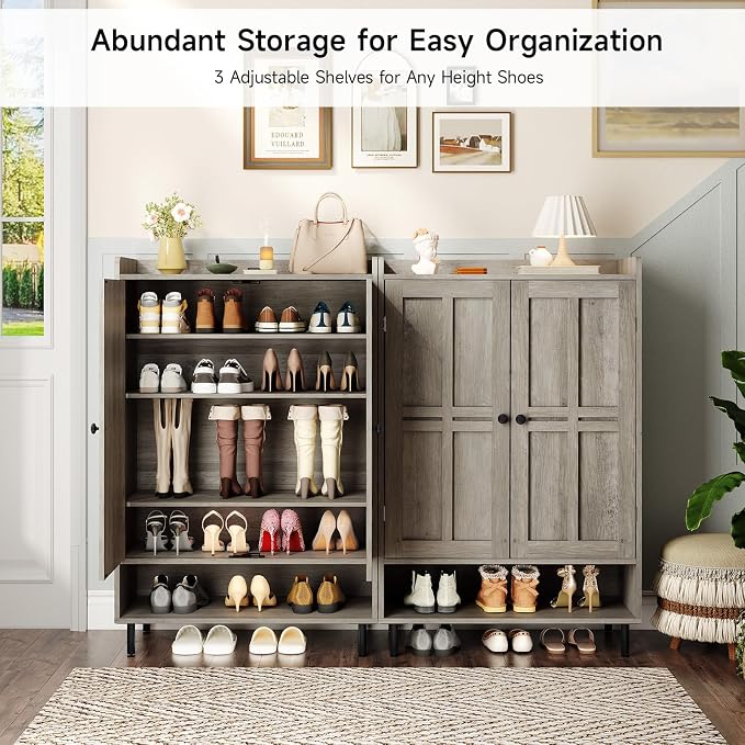 ONBRILL Shoe Cabinet with Cross Molding Doors, 6-Tier Shoe Storage Cabinet with 3 Adjustable Shelves and Metal Legs, 45'' Tall Shoes Rack Organizer Cabinet for Entryway, Front Door, Gray Wash