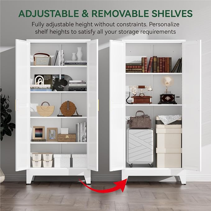 Kitchen Pantry Cabinet,71" H x 31.5" W,Metal Farmhouse Storage Cabinet with Adjustable Shelves and Barn Doors,5-Tier Storage Cabinet for Kitchen Dining Room Garage,White 1 Pack