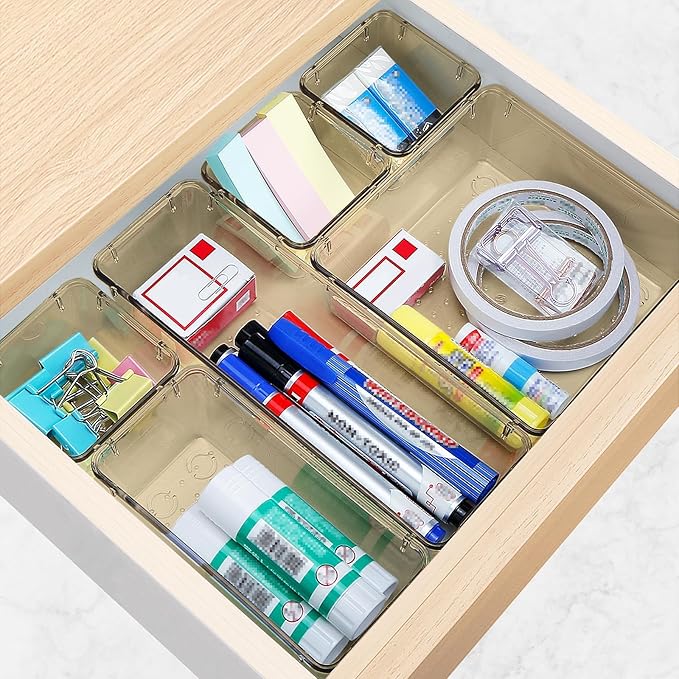StorMiracle 10 PCS Drawer Organizer Set, 5 Varied Size Bathroom and kitchen Drawer cabinet organizer Trays, Clear Storage Bins for Makeup, Jewelry, Utensils and Gadgets, Champagne