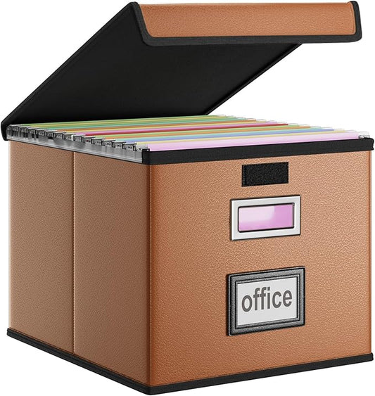 File Organizer Box with Lids, Collapsible File Folder Organizer | File Box with Plastic Slides for Document, Filing Bin for Letter Size Hanging File Folders (1 Pack, Caramel, Leather)