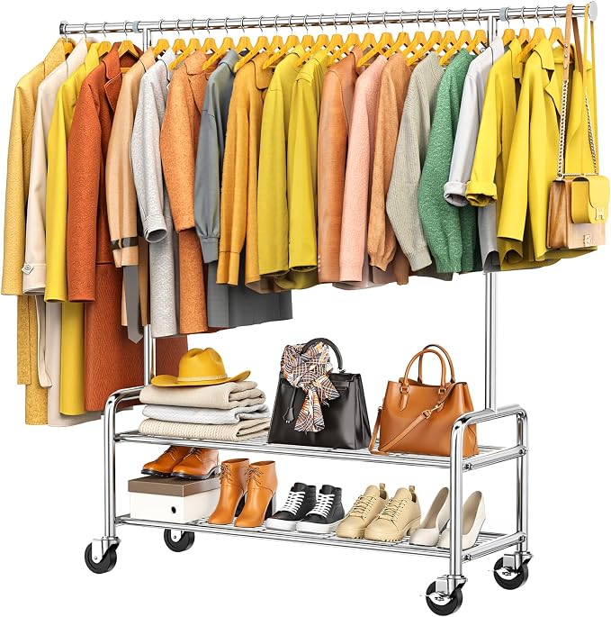 Upgraded 100% Stainless Steel Heavy Duty Clothes Rack with Shelves Loads 760 LBS, Commercial Clothing Rack with Larger & Sturdy Wheel, Adjustable Height & Rolling Garment Hanging Rack for Bedroom Dorm