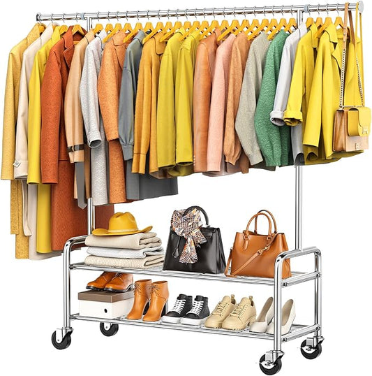 Upgraded 100% Stainless Steel Heavy Duty Clothes Rack with Shelves Loads 760 LBS, Commercial Clothing Rack with Larger & Sturdy Wheel, Adjustable Height & Rolling Garment Hanging Rack for Bedroom Dorm