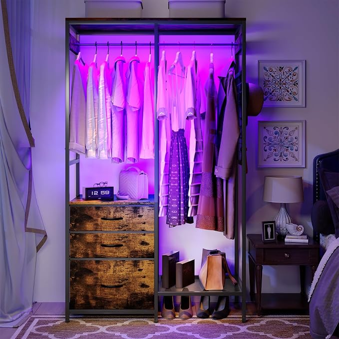 Heavy Duty Clothes Rack with 3 Drawers & LED Light, Garment Rack with 3 Shelves, Free Standing Wardrobe Organizer with 8 Hooks for Bedroom, Small Space, Garming Room（37.8"W x 66.93"H, Rustic Brown）