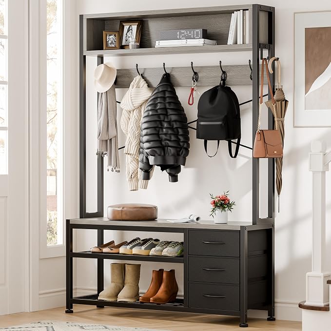 Hall Tree with Bench and 3 Drawers Storage, 39.4" Coat Rack Freestanding
