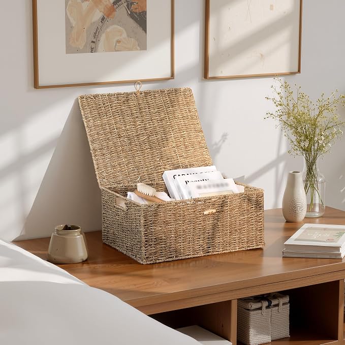 StorageWorks Extra Large Wicker Baskets with Lid for Organizing, Seagrass Storage Baskets for Shelves, Decorative Box with Built-in Handles, Natural, 1 Pack