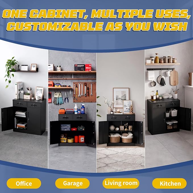 Metal Storage Cabinet with 2 Drawer, 35" Office Storage Cabinets | Garage Storage Cabinet Adjustable Shelves Locking Tool Cabinet Utility Cabinets for Bathroom,Kitchen,Home Office,School,Shop