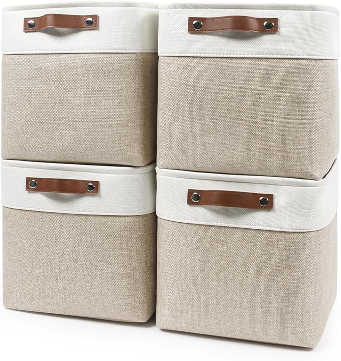 Bagnizer Collapsible Fabric Storage Cubes 11x11 Cube Storage Bins, 4 Pack Closet Baskets Box with Handles for Organizing, Shelf, Toys, Clothes, Home, Office, Nursery (Beige&White)